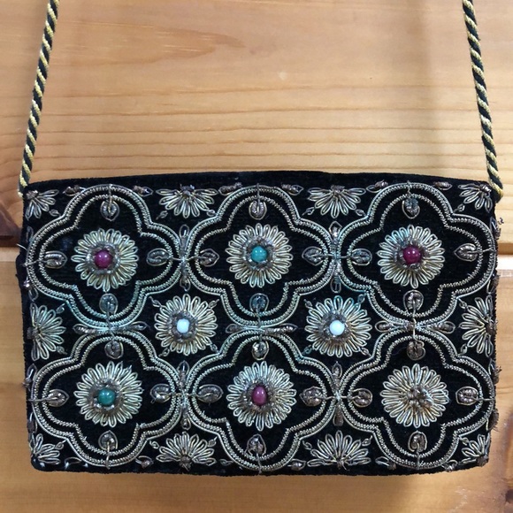 Vintage Zardozi Black Velvet Evening Purse Metal Thread Goldwork Embroidery - Picture 1 of 12
